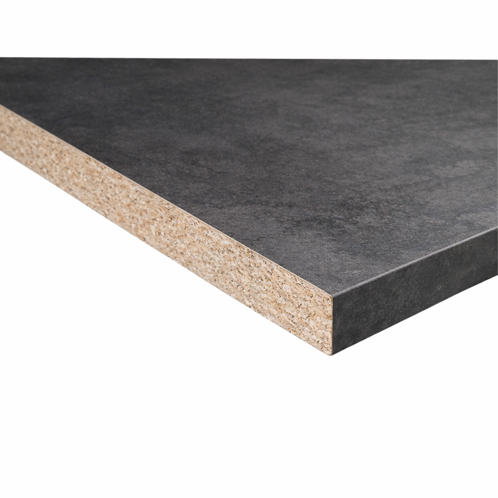 Kunststoffarbeitsplatte im Querschnitt mit sichtbarem Spanplattenkern