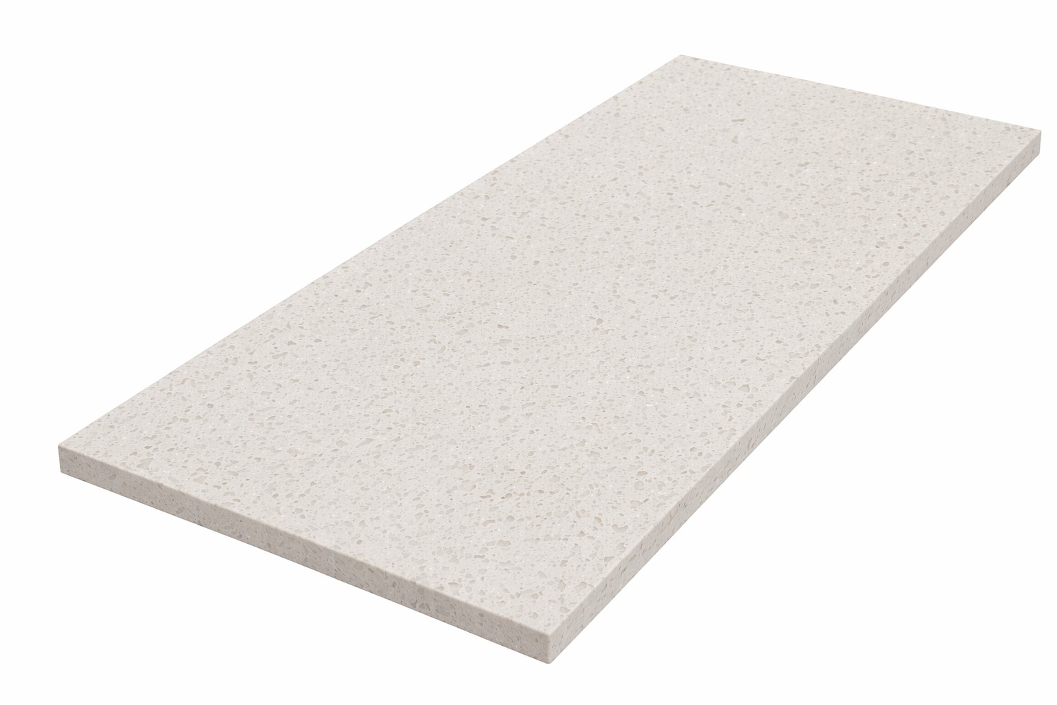 Quarzstein Arbeitsplatte in heller Steinoptik vor weißem Hintergrund