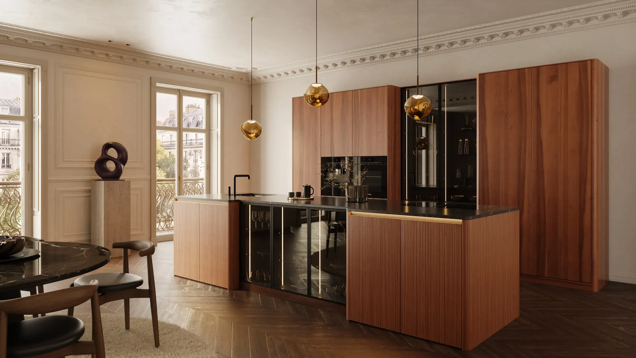 Elegante Küche in Nussbaum mit geriffelten Fronten, dunkler Arbeitsplatte, Glasvitrinen und großzügiger Kücheninsel – Küchentrend 2027.